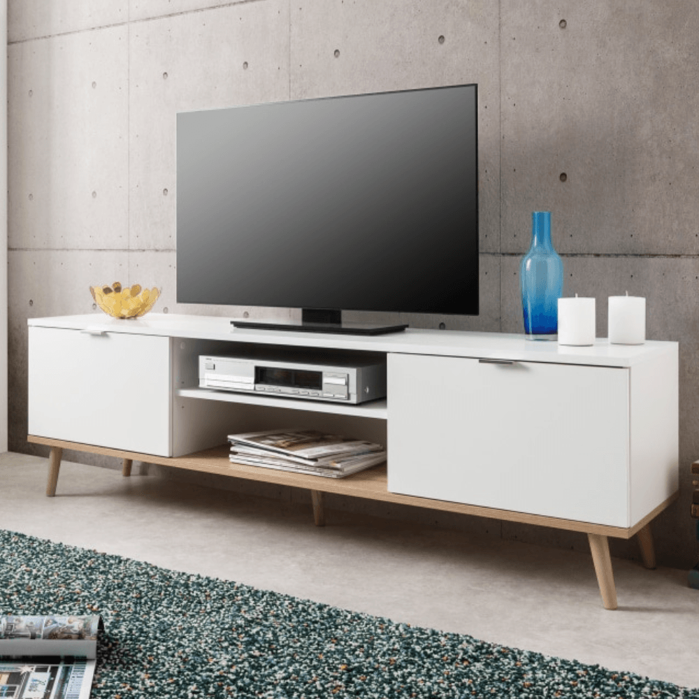 Thea Scandinavian Lowline Entertainment Unit TV Stand W/ 2-Doors - White/Oak Fast shipping On sale