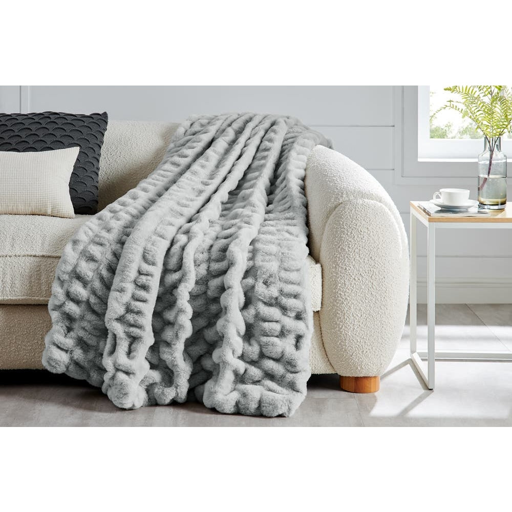 Trafalgar Rouched Faux Fur Blanket - Silver 180cm x 200cm Fast shipping On sale