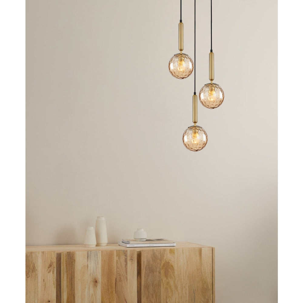 TRATTINO Pendant Lamp Light Interior ES 3X72W Bronze Amber Spherical Glass Enclo Round Base Fast shipping On sale