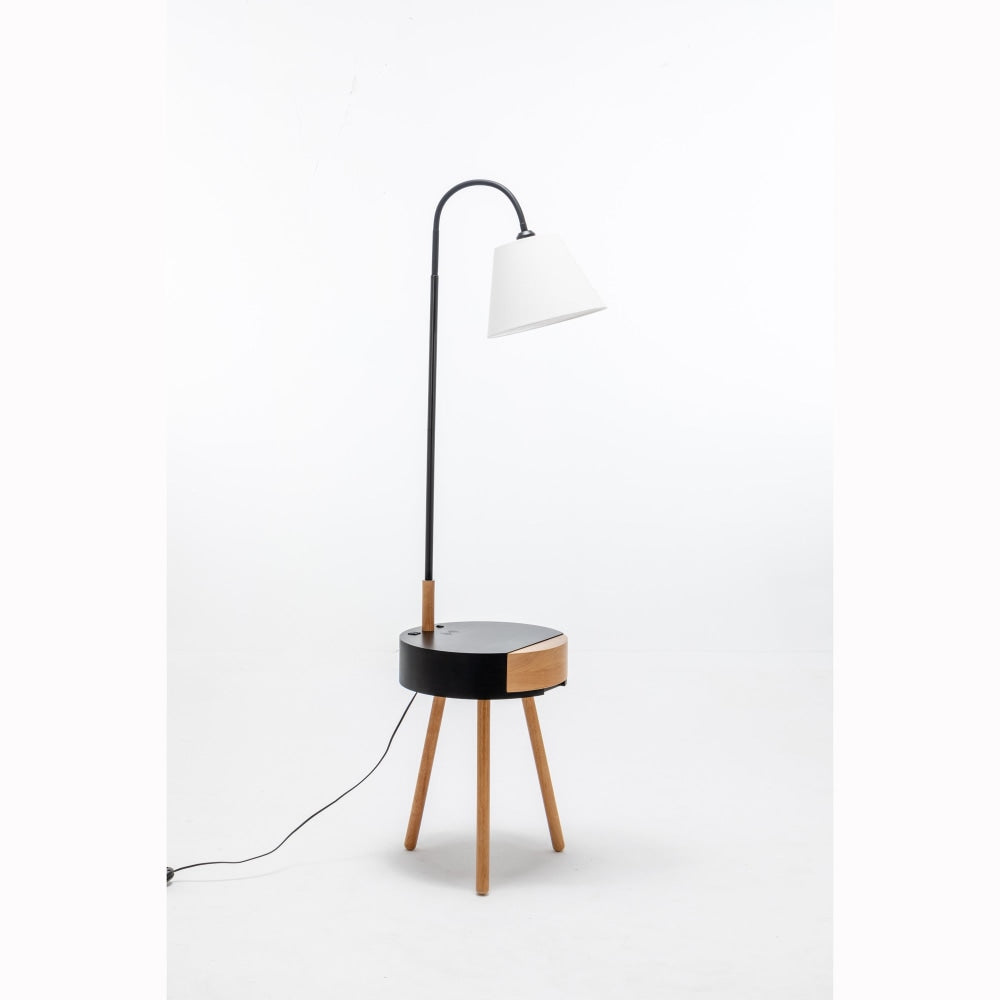 Zoltan Rubberwood Floor Lamp On Side Table Linen Shade W/ USB Port & Wireless Charging - Off White/Black Fast shipping sale